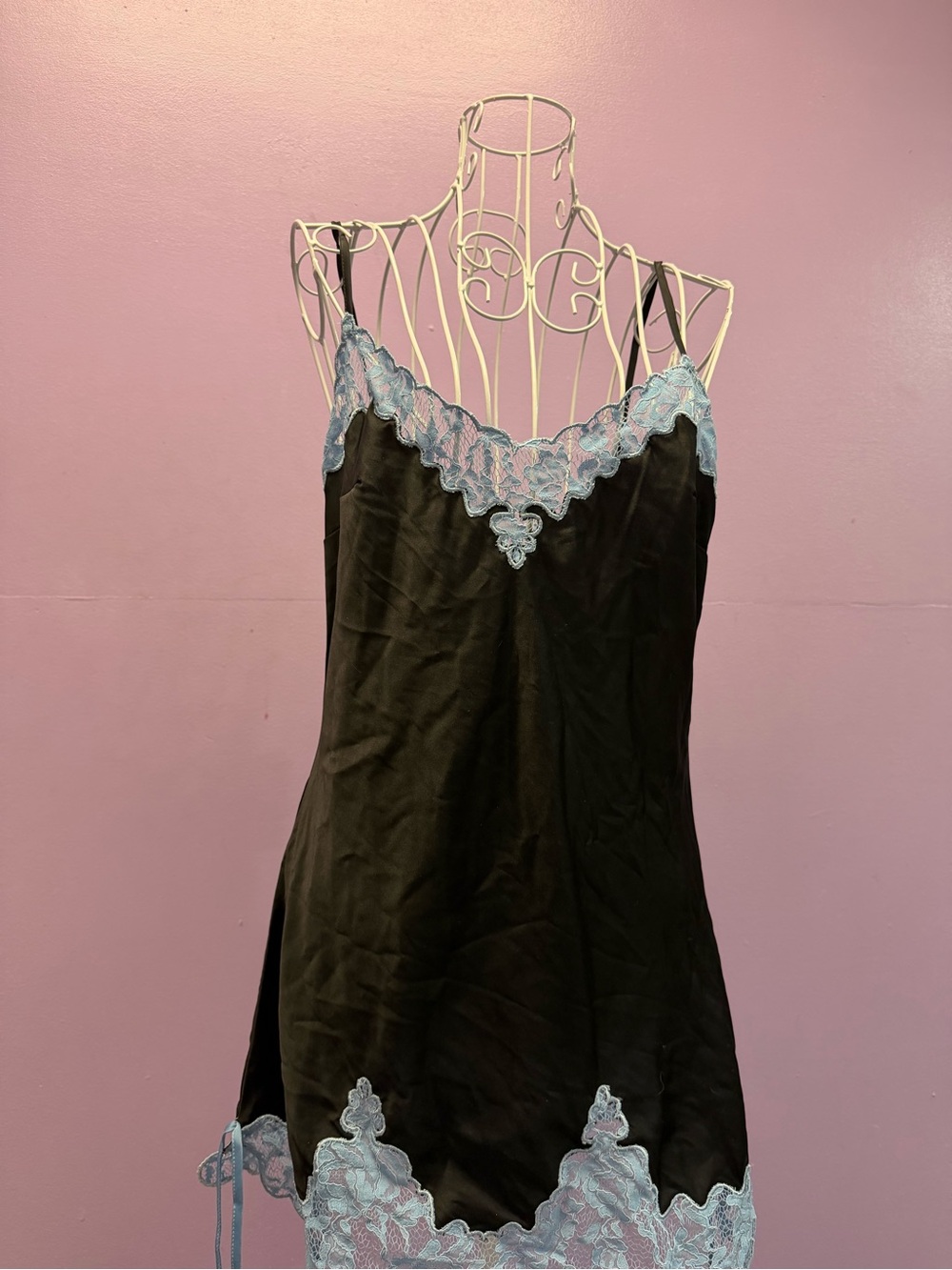 Forever 21 and Betsey Johnson Black Slip Dress with Light Blue Lace Trim